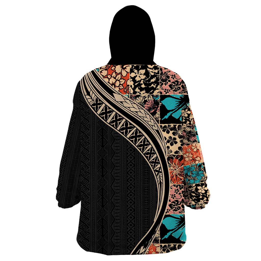 Hawaiian Hibiscus and Tropical Leaves Wearable Blanket Hoodie Patchwork Grunge Abstract and Tapa Tribal Pattern Half Style LT03 - Polynesian Pride