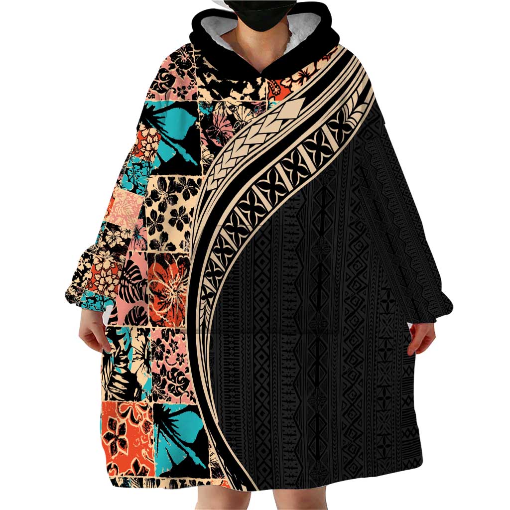 Hawaiian Hibiscus and Tropical Leaves Wearable Blanket Hoodie Patchwork Grunge Abstract and Tapa Tribal Pattern Half Style LT03 - Polynesian Pride