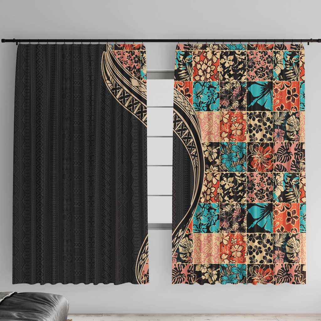 Hawaiian Hibiscus and Tropical Leaves Window Curtain Patchwork Grunge Abstract and Tapa Tribal Pattern Half Style