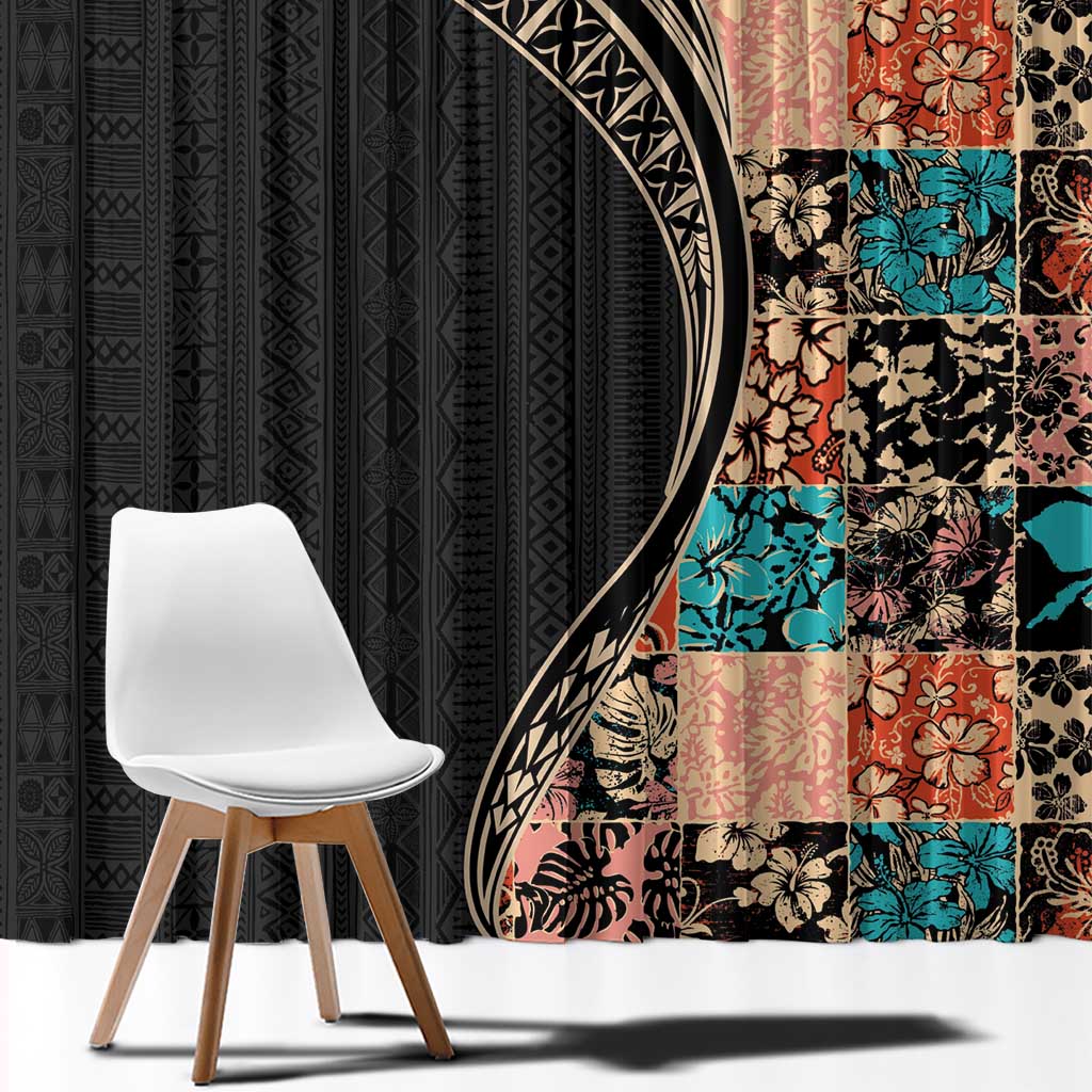 Hawaiian Hibiscus and Tropical Leaves Window Curtain Patchwork Grunge Abstract and Tapa Tribal Pattern Half Style LT03 - Polynesian Pride