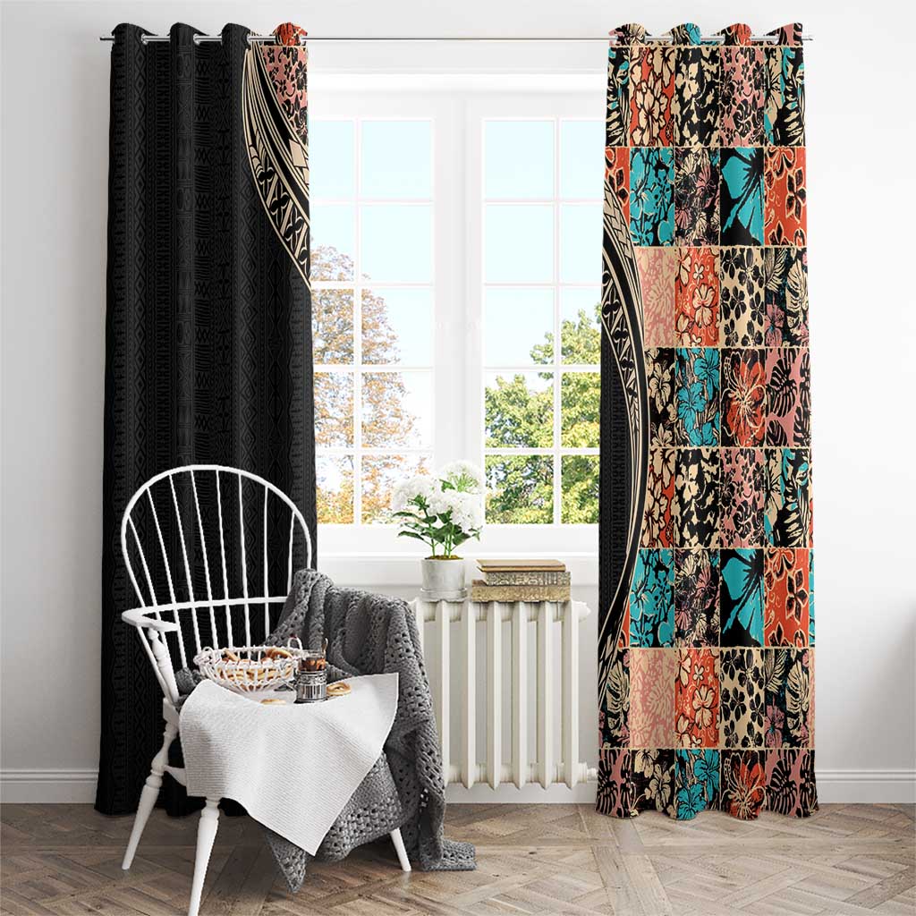 Hawaiian Hibiscus and Tropical Leaves Window Curtain Patchwork Grunge Abstract and Tapa Tribal Pattern Half Style LT03 - Polynesian Pride