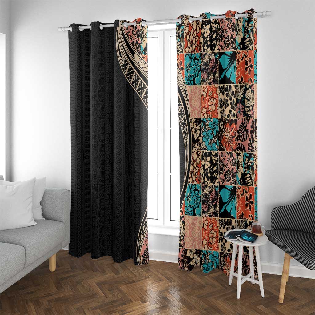 Hawaiian Hibiscus and Tropical Leaves Window Curtain Patchwork Grunge Abstract and Tapa Tribal Pattern Half Style LT03 With Grommets Black - Polynesian Pride
