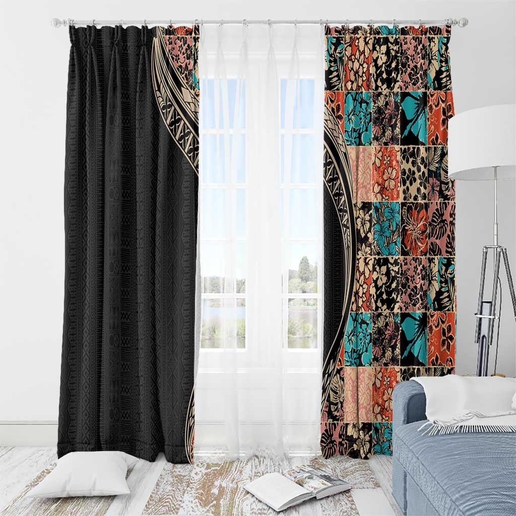 Hawaiian Hibiscus and Tropical Leaves Window Curtain Patchwork Grunge Abstract and Tapa Tribal Pattern Half Style LT03 - Polynesian Pride