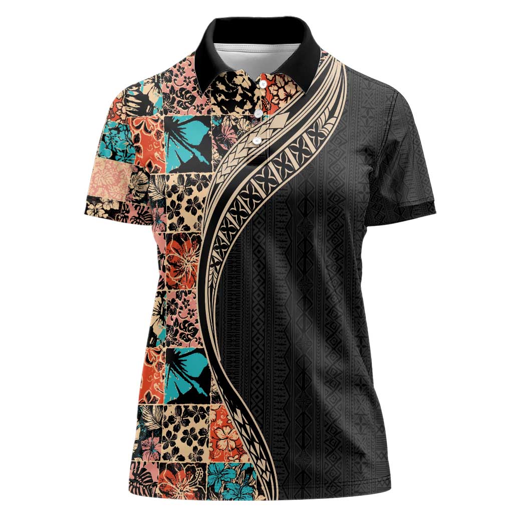 Hawaiian Hibiscus and Tropical Leaves Women Polo Shirt Patchwork Grunge Abstract and Tapa Tribal Pattern Half Style