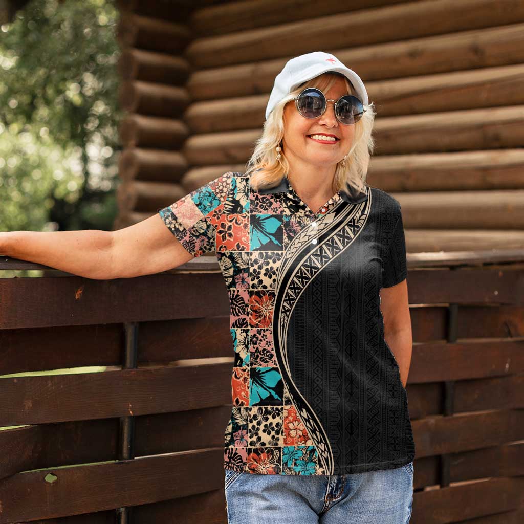 Hawaiian Hibiscus and Tropical Leaves Women Polo Shirt Patchwork Grunge Abstract and Tapa Tribal Pattern Half Style