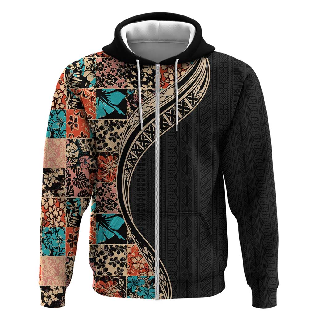 Hawaiian Hibiscus and Tropical Leaves Zip Hoodie Patchwork Grunge Abstract and Tapa Tribal Pattern Half Style