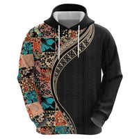 Hawaiian Hibiscus and Tropical Leaves Zip Hoodie Patchwork Grunge Abstract and Tapa Tribal Pattern Half Style
