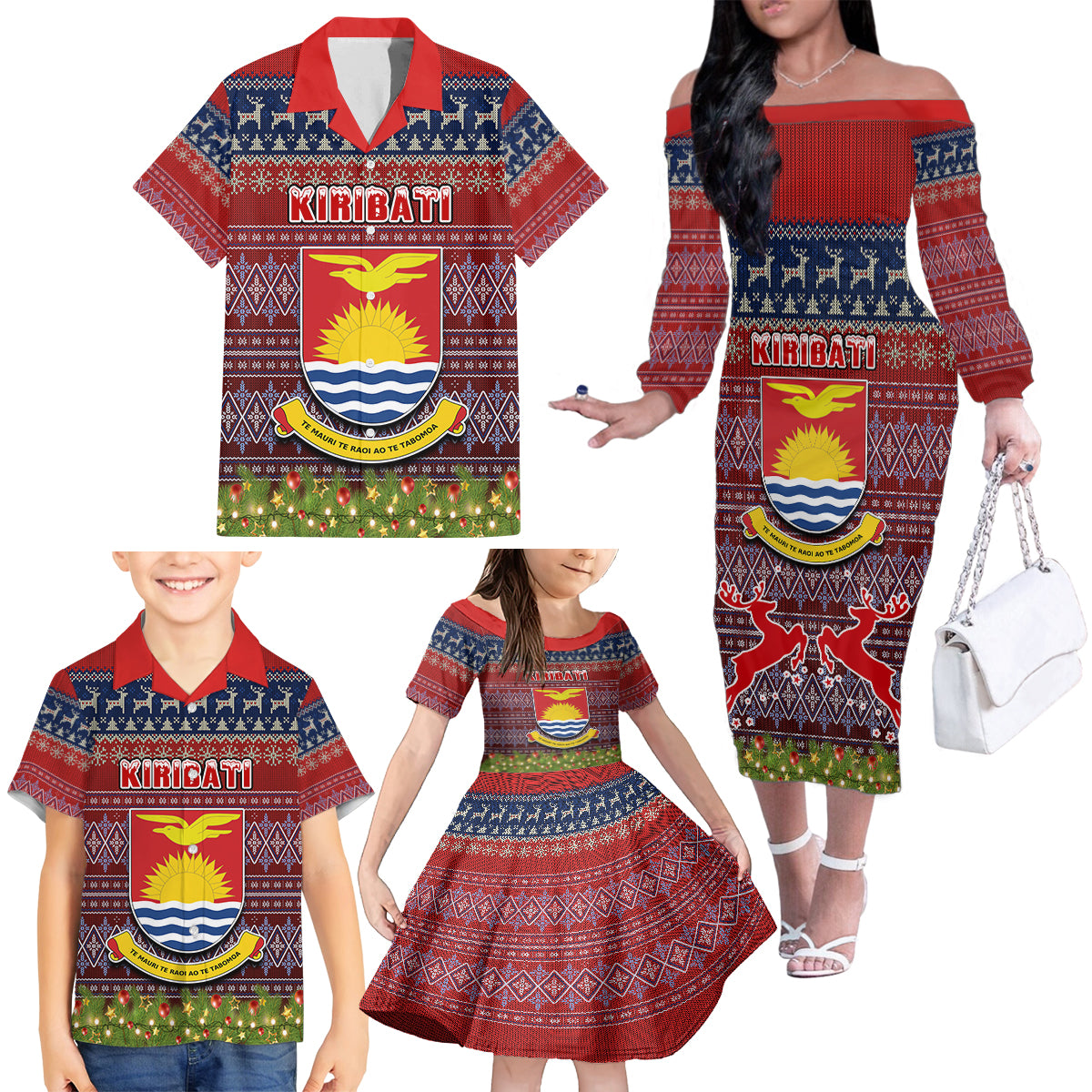 kiribati-christmas-family-matching-off-shoulder-long-sleeve-dress-and-hawaiian-shirt-coat-of-arms-and-map-beautiful-merry-xmas-snowflake