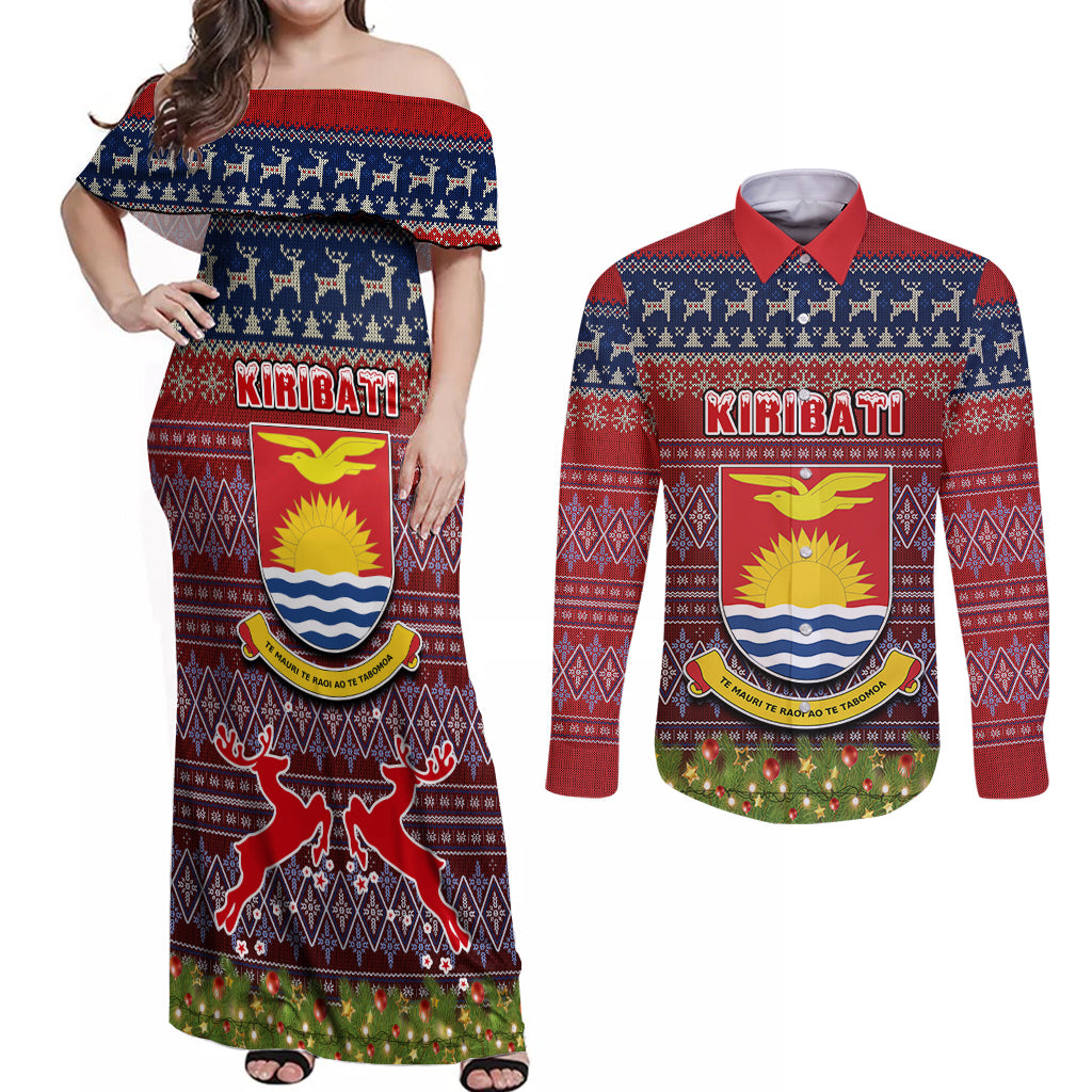 Personalised Kiribati Christmas Couples Matching Off Shoulder Maxi Dress and Long Sleeve Button Shirts Coat of Arms and Map Beautiful Merry Xmas Snowflake LT03 Red - Polynesian Pride