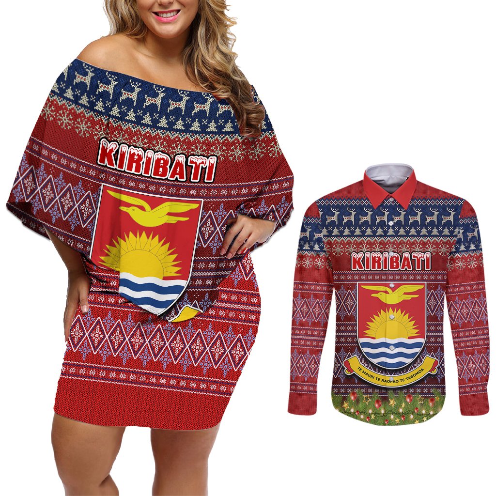 personalised-kiribati-christmas-couples-matching-off-shoulder-short-dress-and-long-sleeve-button-shirts-coat-of-arms-and-map-beautiful-merry-xmas-snowflake