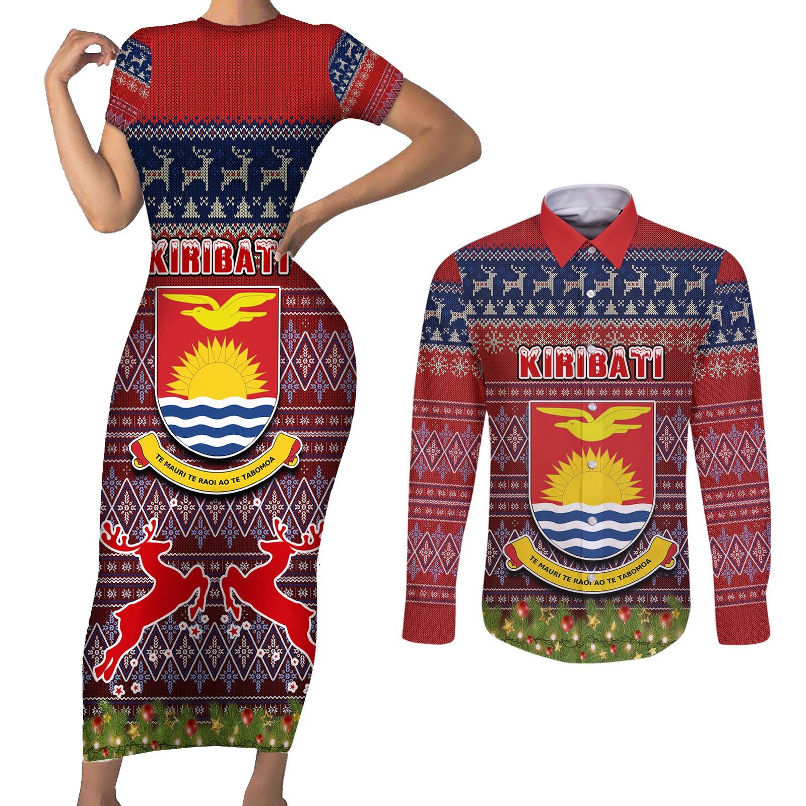 Personalised Kiribati Christmas Couples Matching Short Sleeve Bodycon Dress and Long Sleeve Button Shirts Coat of Arms and Map Beautiful Merry Xmas Snowflake LT03 Red - Polynesian Pride