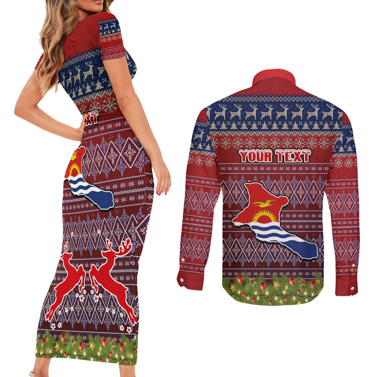 personalised-kiribati-christmas-couples-matching-short-sleeve-bodycon-dress-and-long-sleeve-button-shirts-coat-of-arms-and-map-beautiful-merry-xmas-snowflake