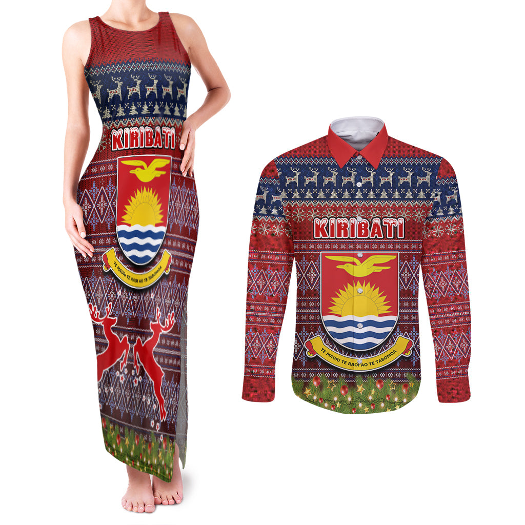 Personalised Kiribati Christmas Couples Matching Tank Maxi Dress and Long Sleeve Button Shirts Coat of Arms and Map Beautiful Merry Xmas Snowflake LT03 Red - Polynesian Pride