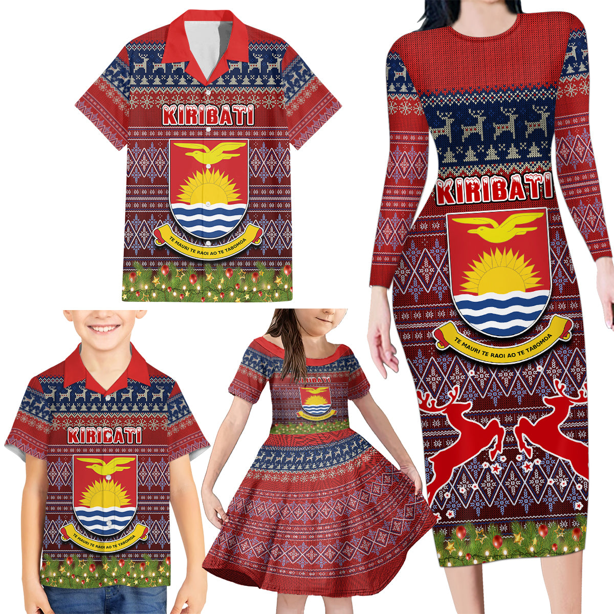 personalised-kiribati-christmas-family-matching-long-sleeve-bodycon-dress-and-hawaiian-shirt-coat-of-arms-and-map-beautiful-merry-xmas-snowflake