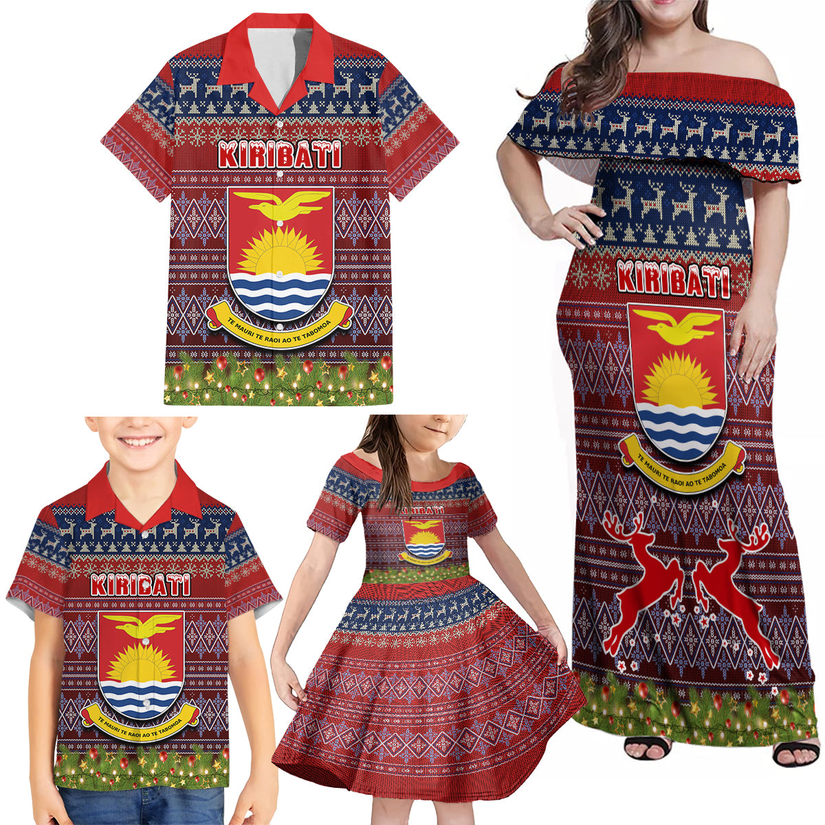 personalised-kiribati-christmas-family-matching-off-shoulder-maxi-dress-and-hawaiian-shirt-coat-of-arms-and-map-beautiful-merry-xmas-snowflake