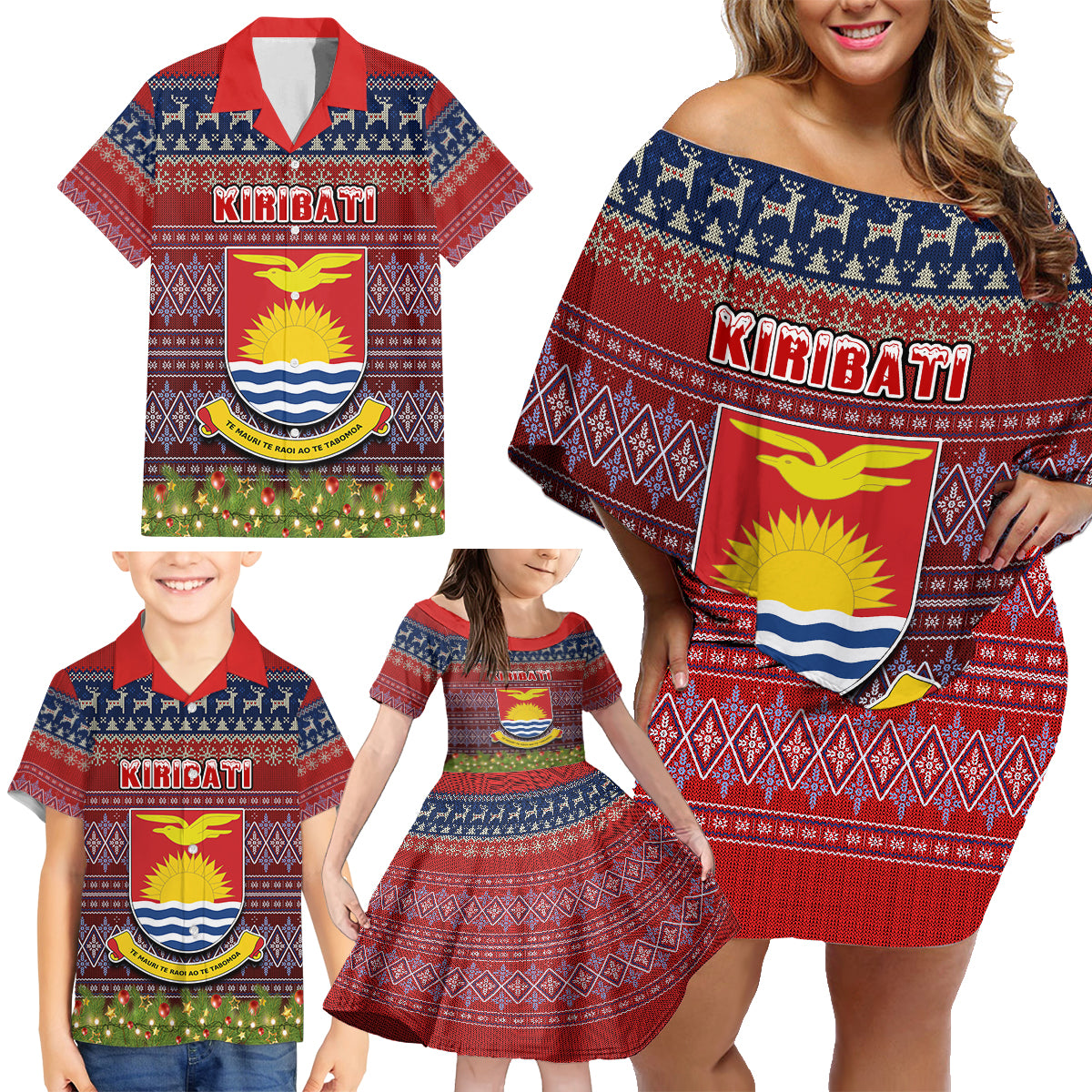 personalised-kiribati-christmas-family-matching-off-shoulder-short-dress-and-hawaiian-shirt-coat-of-arms-and-map-beautiful-merry-xmas-snowflake