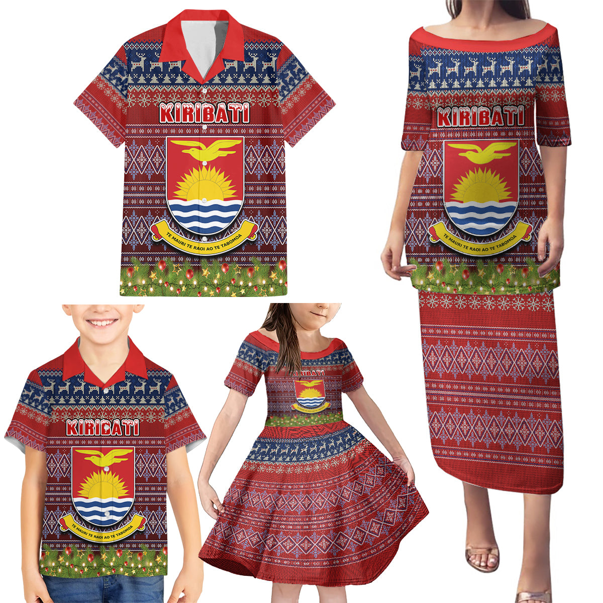 Personalised Kiribati Christmas Family Matching Puletasi Dress and Hawaiian Shirt Coat of Arms and Map Beautiful Merry Xmas Snowflake LT03 - Polynesian Pride