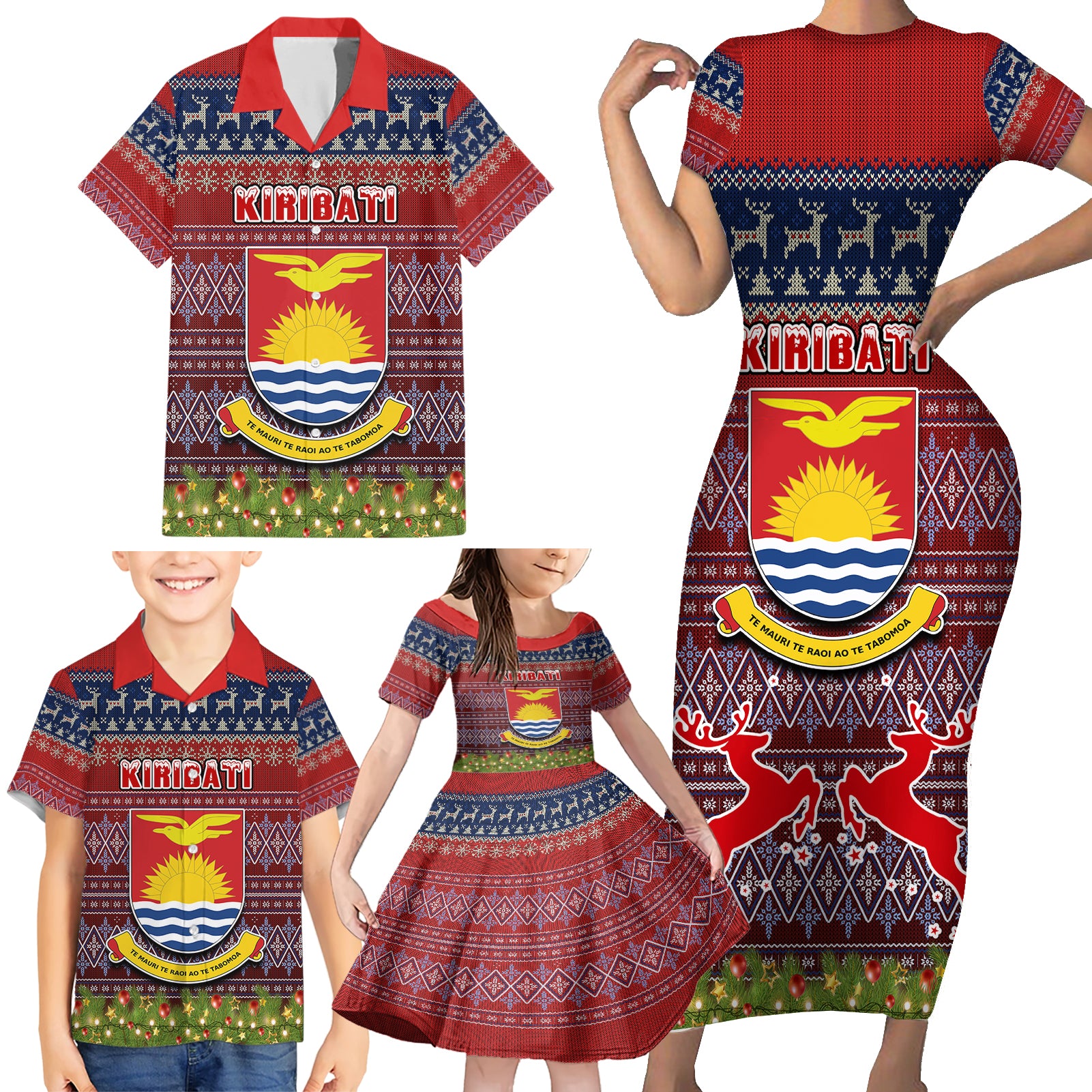 personalised-kiribati-christmas-family-matching-short-sleeve-bodycon-dress-and-hawaiian-shirt-coat-of-arms-and-map-beautiful-merry-xmas-snowflake