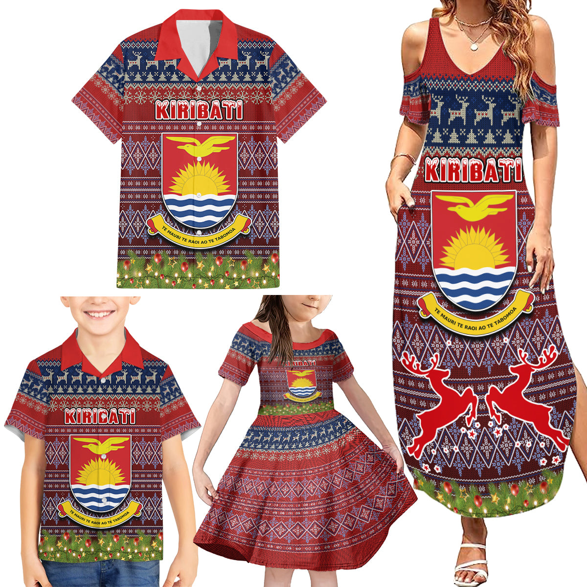 personalised-kiribati-christmas-family-matching-summer-maxi-dress-and-hawaiian-shirt-coat-of-arms-and-map-beautiful-merry-xmas-snowflake