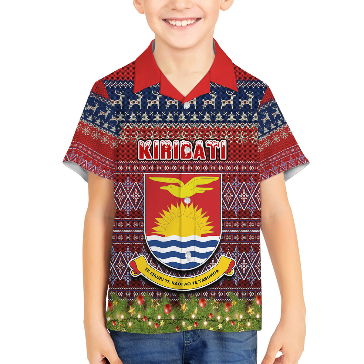 Personalised Kiribati Christmas Kid Hawaiian Shirt Coat of Arms and Map Beautiful Merry Xmas Snowflake LT03 - Polynesian Pride