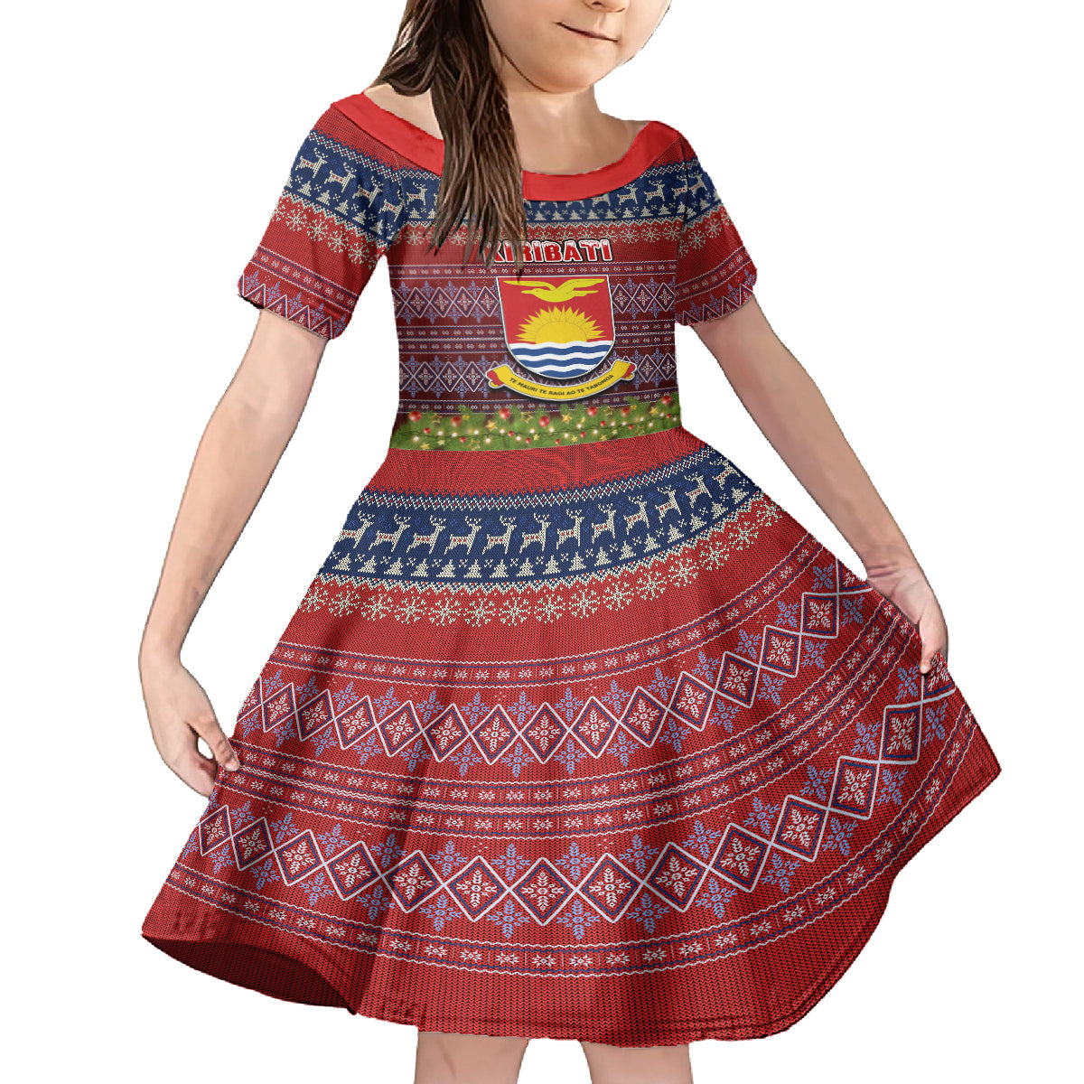 Personalised Kiribati Christmas Kid Short Sleeve Dress Coat of Arms and Map Beautiful Merry Xmas Snowflake LT03 KID Red - Polynesian Pride
