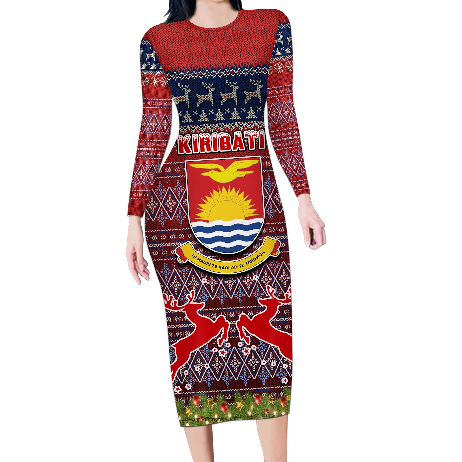 personalised-kiribati-christmas-long-sleeve-bodycon-dress-coat-of-arms-and-map-beautiful-merry-xmas-snowflake