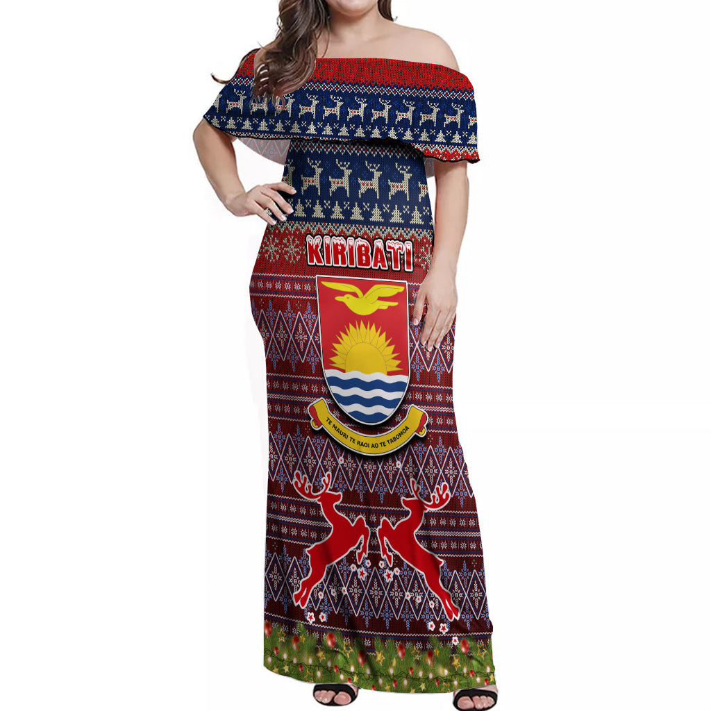 Personalised Kiribati Christmas Off Shoulder Maxi Dress Coat of Arms and Map Beautiful Merry Xmas Snowflake LT03 Women Red - Polynesian Pride