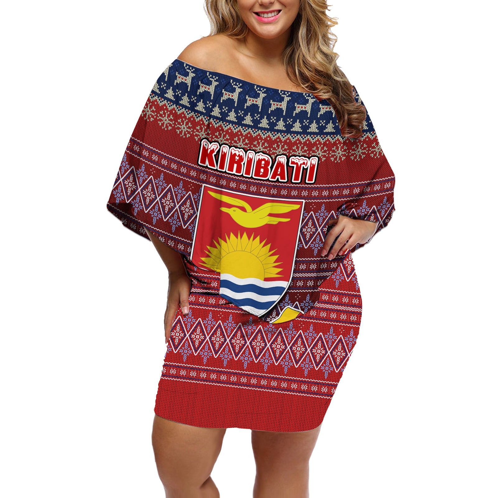 personalised-kiribati-christmas-off-shoulder-short-dress-coat-of-arms-and-map-beautiful-merry-xmas-snowflake