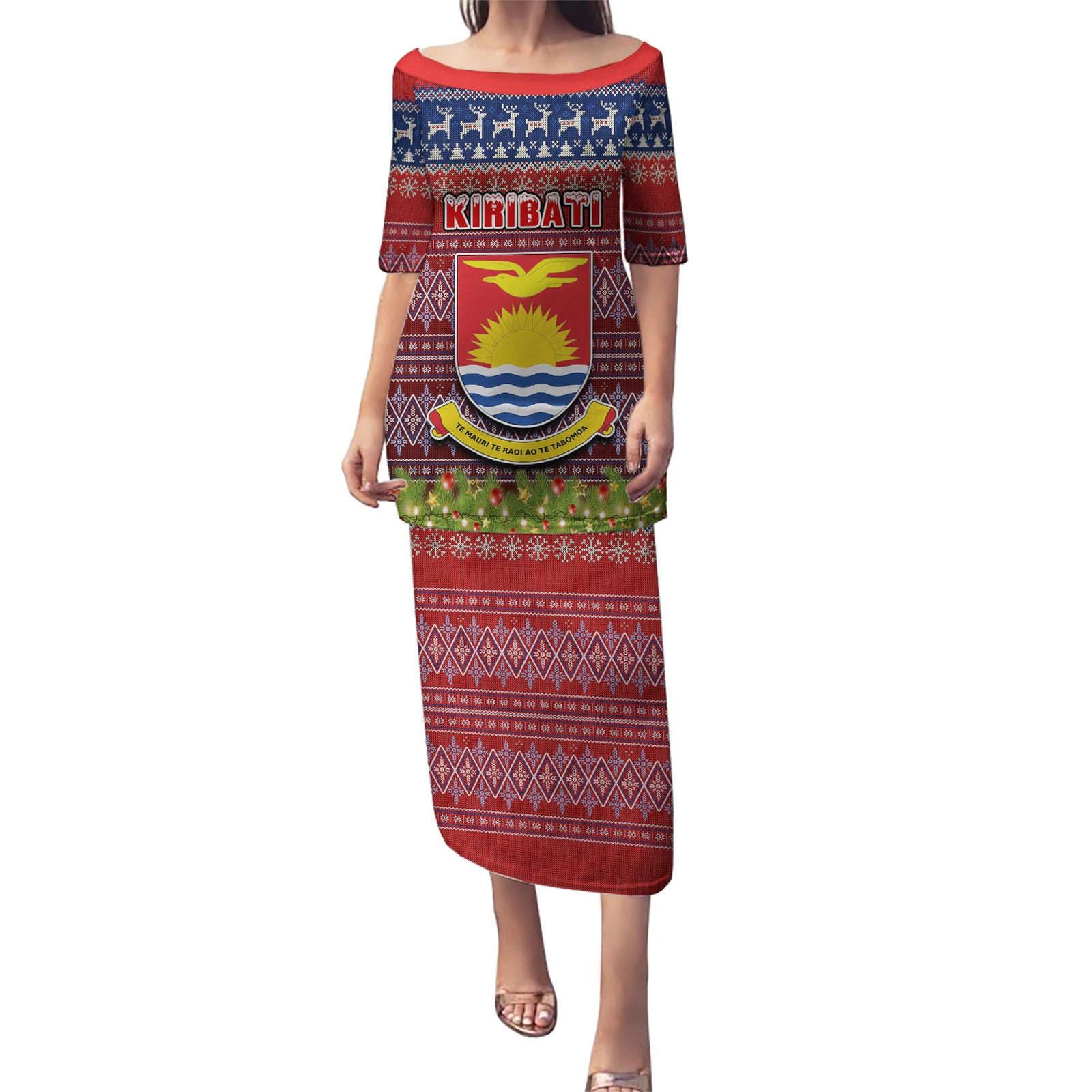 Personalised Kiribati Christmas Puletasi Coat of Arms and Map Beautiful Merry Xmas Snowflake LT03 Long Dress Red - Polynesian Pride
