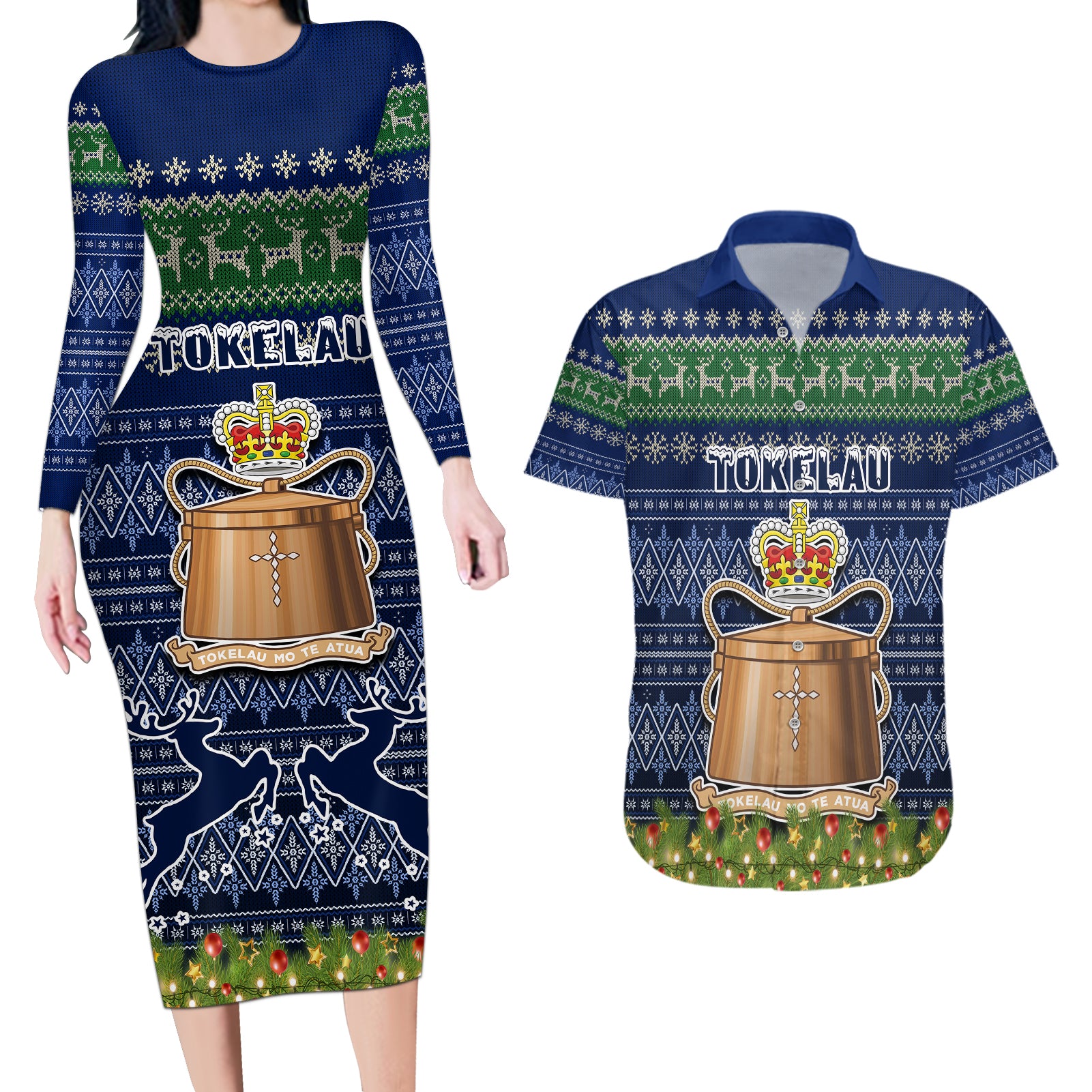 tokelau-christmas-couples-matching-long-sleeve-bodycon-dress-and-hawaiian-shirt-coat-of-arms-and-map-beautiful-merry-xmas-snowflake