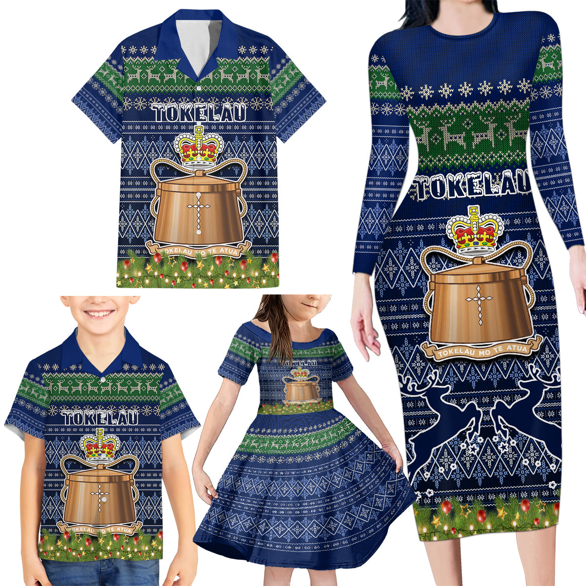 personalised-tokelau-christmas-family-matching-long-sleeve-bodycon-dress-and-hawaiian-shirt-coat-of-arms-and-map-beautiful-merry-xmas-snowflake