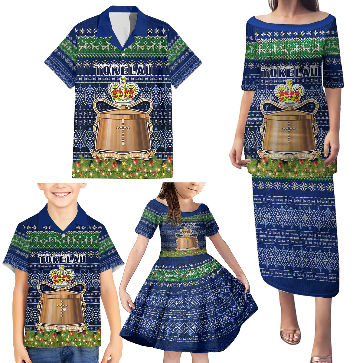 Personalised Tokelau Christmas Family Matching Puletasi Dress and Hawaiian Shirt Coat of Arms and Map Beautiful Merry Xmas Snowflake LT03 - Polynesian Pride