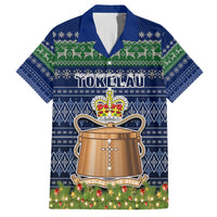Personalised Tokelau Christmas Family Matching Puletasi Dress and Hawaiian Shirt Coat of Arms and Map Beautiful Merry Xmas Snowflake LT03 Dad's Shirt - Short Sleeve Blue - Polynesian Pride