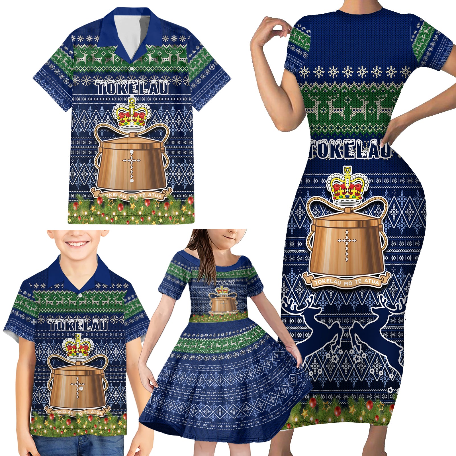 personalised-tokelau-christmas-family-matching-short-sleeve-bodycon-dress-and-hawaiian-shirt-coat-of-arms-and-map-beautiful-merry-xmas-snowflake