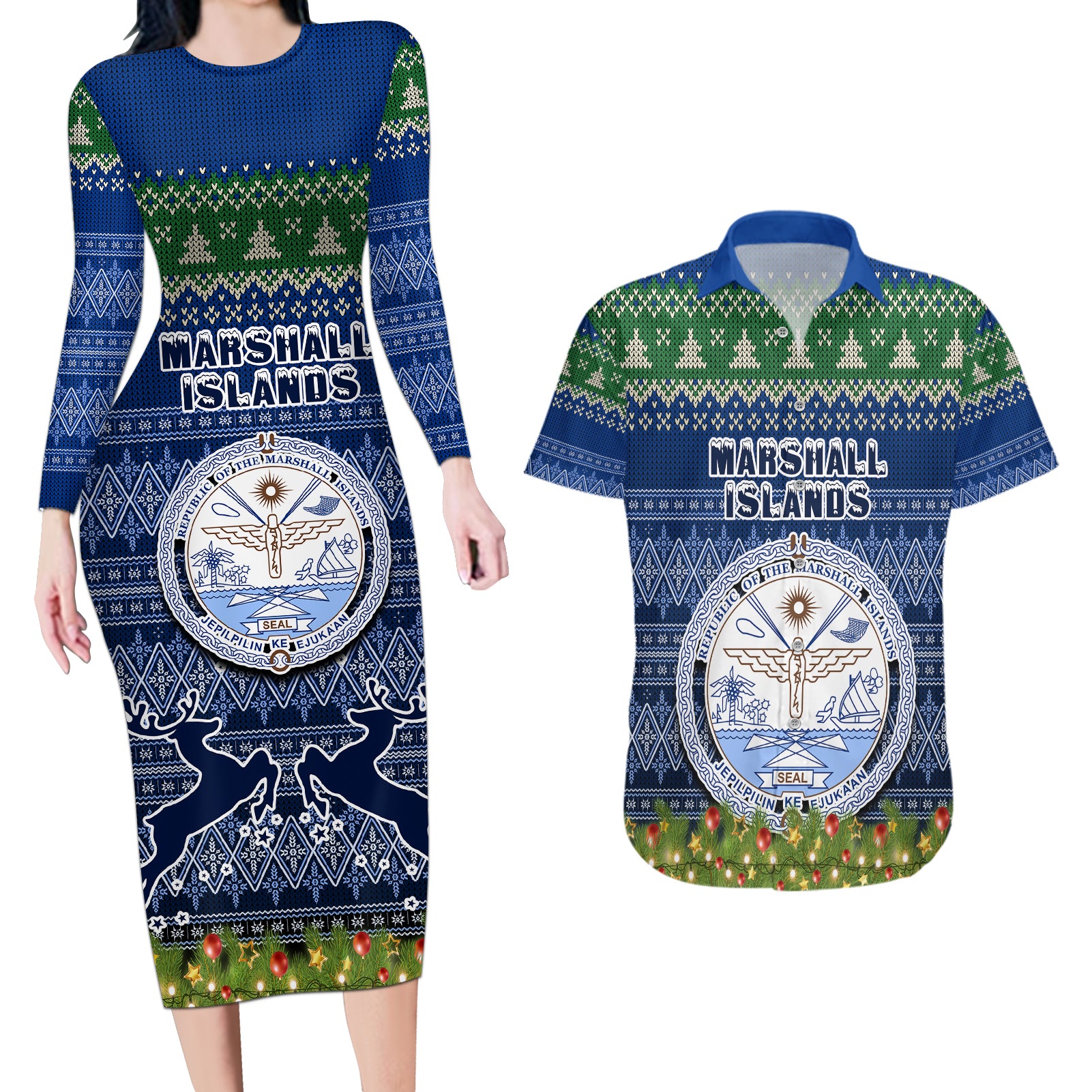 marshall-islands-christmas-couples-matching-long-sleeve-bodycon-dress-and-hawaiian-shirt-coat-of-arms-and-map-beautiful-merry-xmas-snowflake