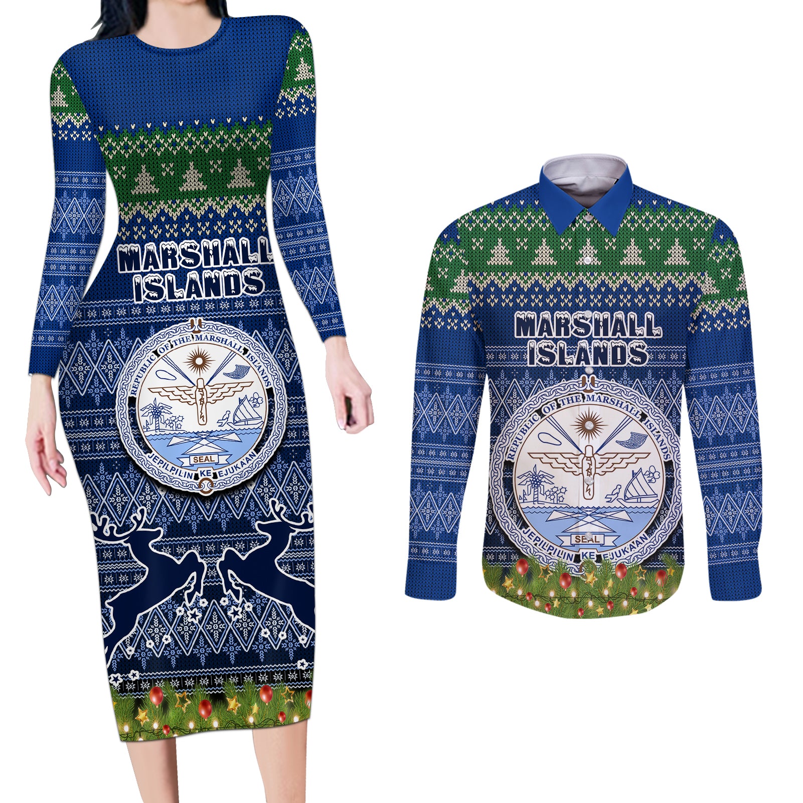 marshall-islands-christmas-couples-matching-long-sleeve-bodycon-dress-and-long-sleeve-button-shirts-coat-of-arms-and-map-beautiful-merry-xmas-snowflake