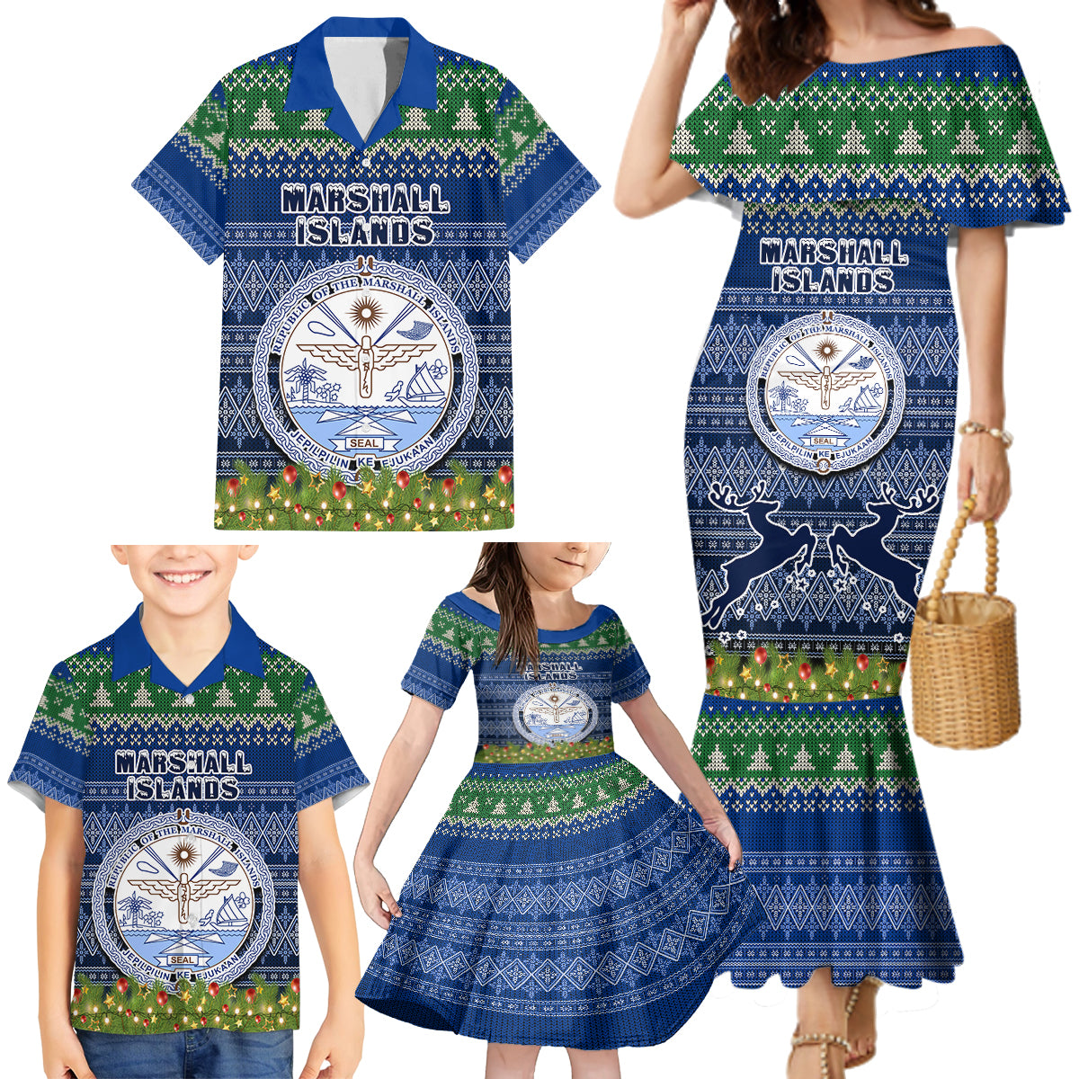 marshall-islands-christmas-family-matching-mermaid-dress-and-hawaiian-shirt-coat-of-arms-and-map-beautiful-merry-xmas-snowflake