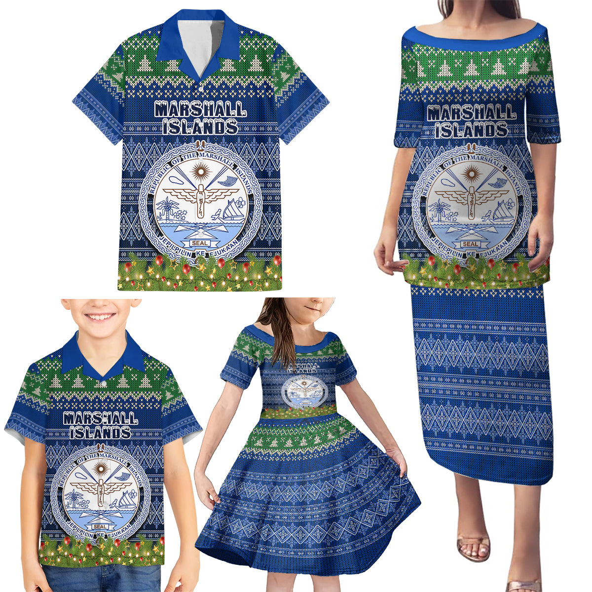 Marshall Islands Christmas Family Matching Puletasi Dress and Hawaiian Shirt Coat of Arms and Map Beautiful Merry Xmas Snowflake LT03 - Polynesian Pride