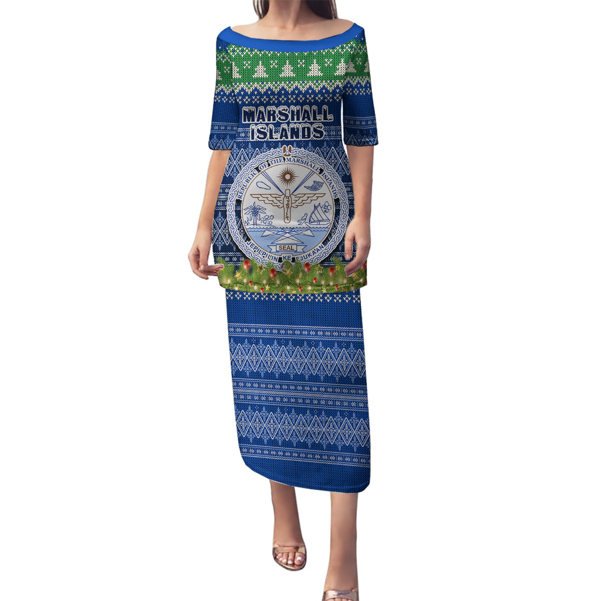 Marshall Islands Christmas Family Matching Puletasi Dress and Hawaiian Shirt Coat of Arms and Map Beautiful Merry Xmas Snowflake LT03 Mom's Dress Blue - Polynesian Pride