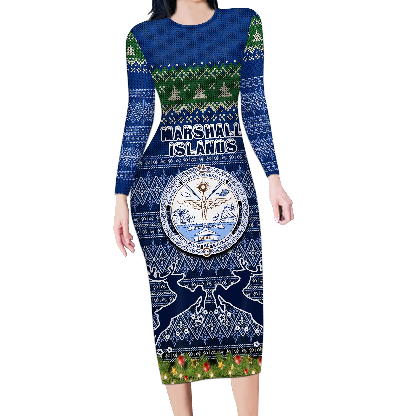 marshall-islands-christmas-long-sleeve-bodycon-dress-coat-of-arms-and-map-beautiful-merry-xmas-snowflake