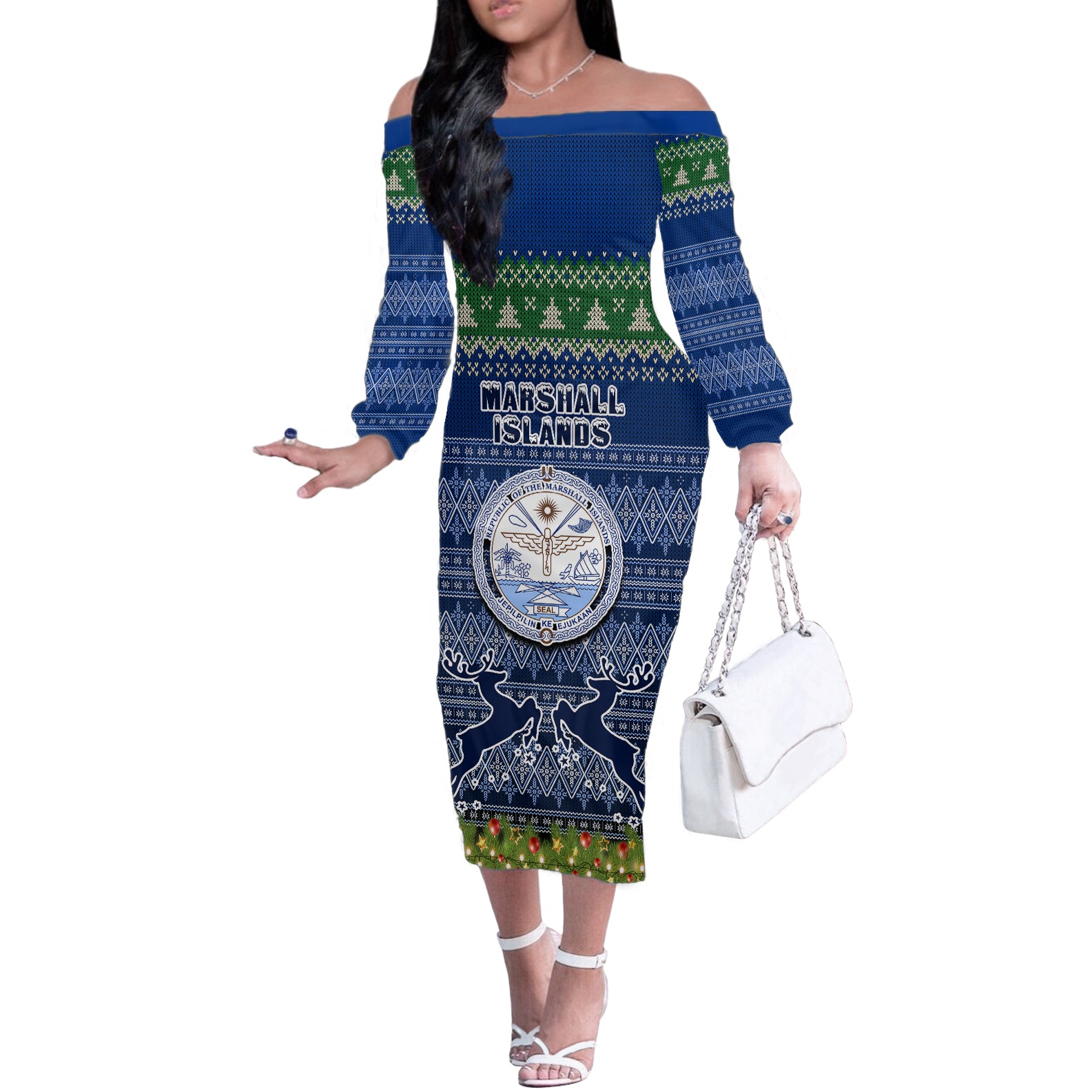 marshall-islands-christmas-off-the-shoulder-long-sleeve-dress-coat-of-arms-and-map-beautiful-merry-xmas-snowflake