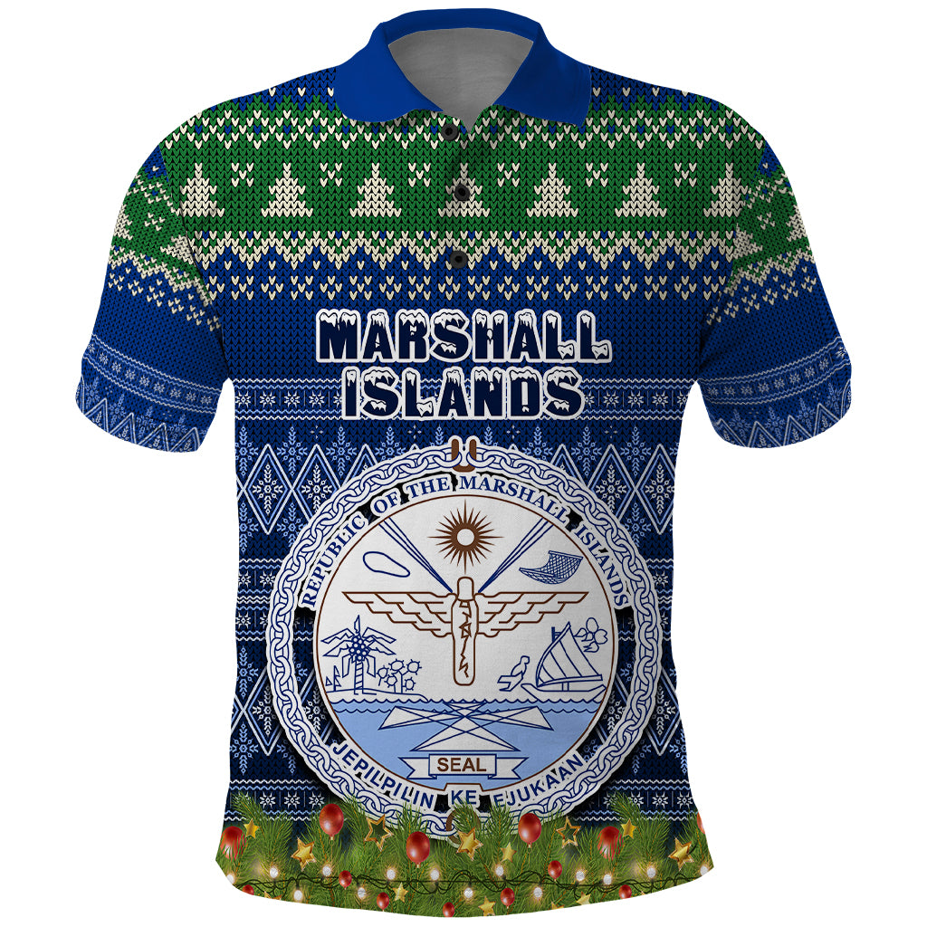 Marshall Islands Christmas Polo Shirt Coat of Arms and Map Beautiful Merry Xmas Snowflake LT03 Blue - Polynesian Pride