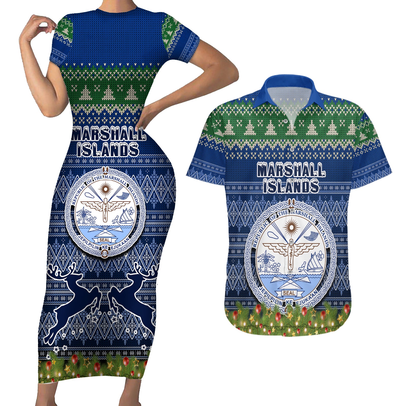 personalised-marshall-islands-christmas-couples-matching-short-sleeve-bodycon-dress-and-hawaiian-shirt-coat-of-arms-and-map-beautiful-merry-xmas-snowflake