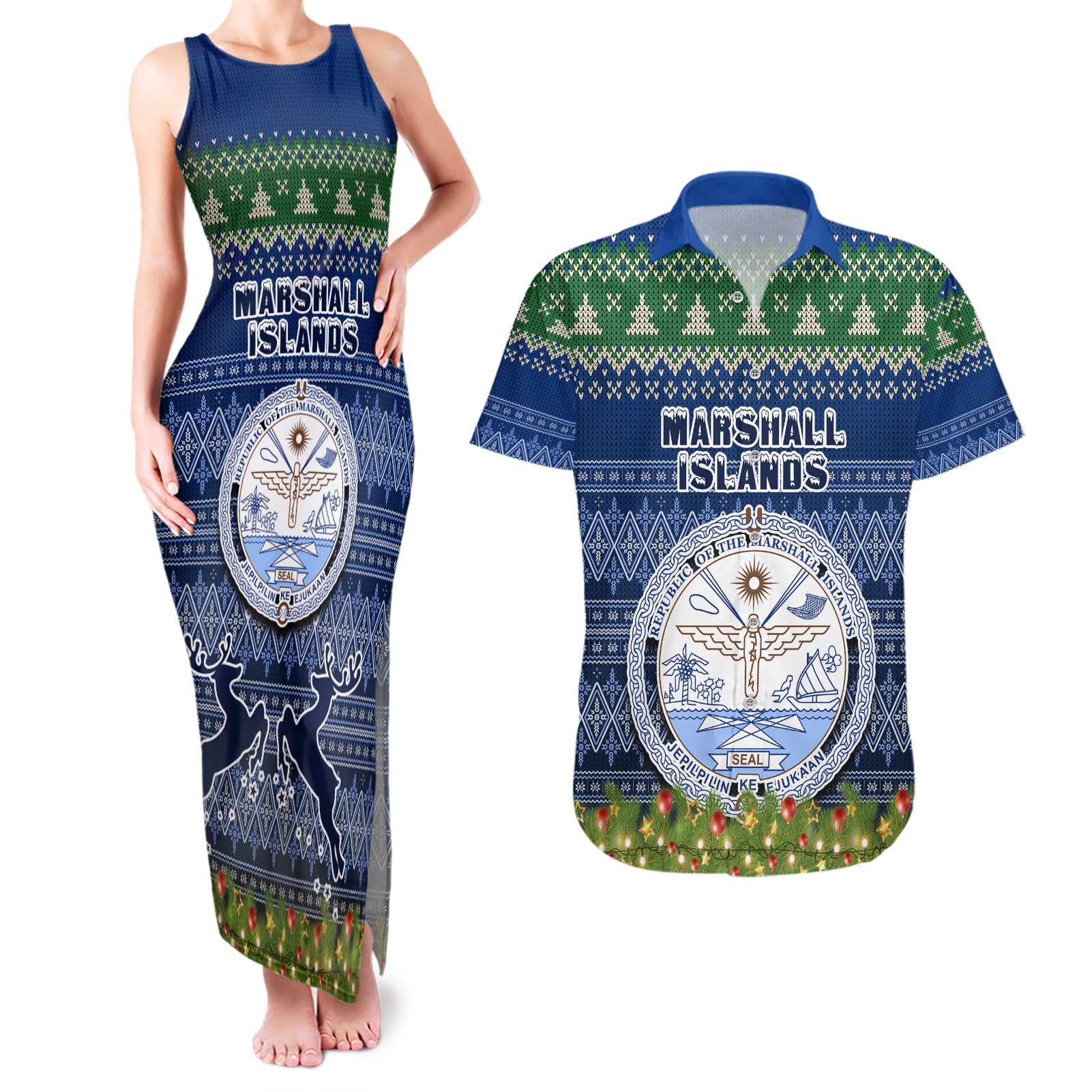 personalised-marshall-islands-christmas-couples-matching-tank-maxi-dress-and-hawaiian-shirt-coat-of-arms-and-map-beautiful-merry-xmas-snowflake