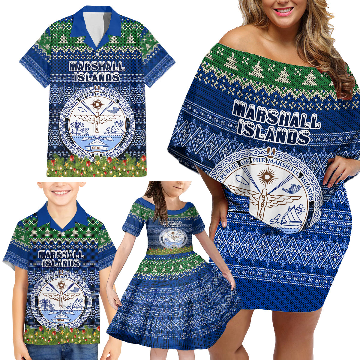 personalised-marshall-islands-christmas-family-matching-off-shoulder-short-dress-and-hawaiian-shirt-coat-of-arms-and-map-beautiful-merry-xmas-snowflake