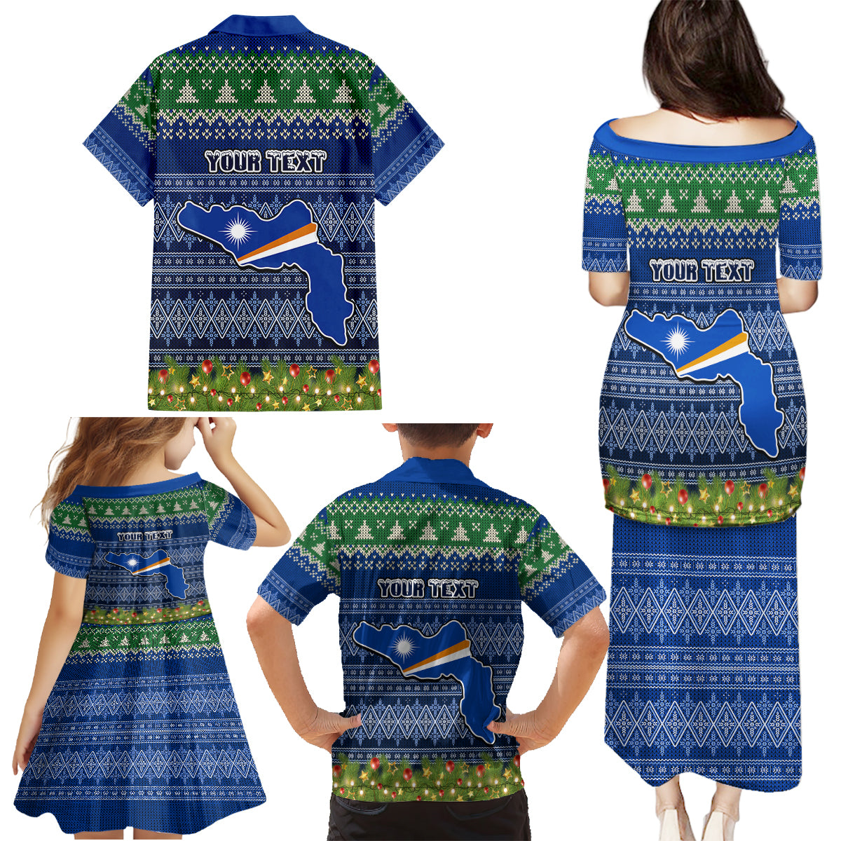 Personalised Marshall Islands Christmas Family Matching Puletasi Dress and Hawaiian Shirt Coat of Arms and Map Beautiful Merry Xmas Snowflake LT03 - Polynesian Pride