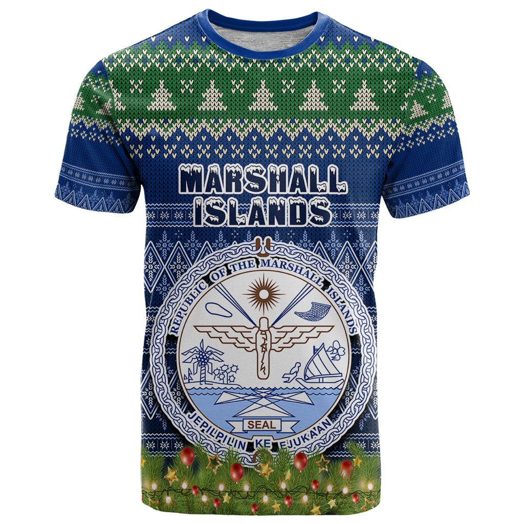 Personalised Marshall Islands Christmas T Shirt Coat of Arms and Map Beautiful Merry Xmas Snowflake LT03 Blue - Polynesian Pride