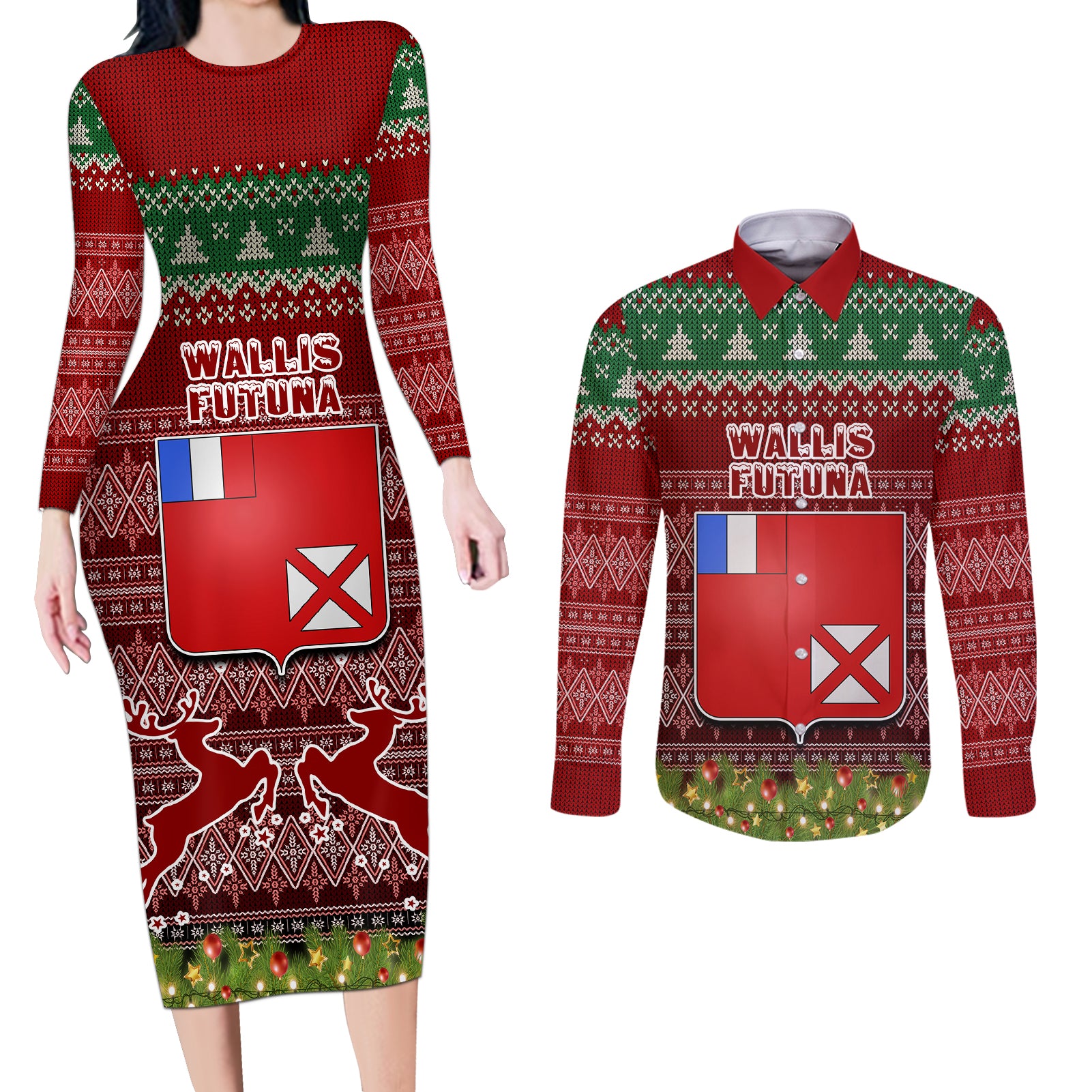 wallis-and-futuna-christmas-couples-matching-long-sleeve-bodycon-dress-and-long-sleeve-button-shirts-coat-of-arms-and-map-beautiful-merry-xmas-snowflake