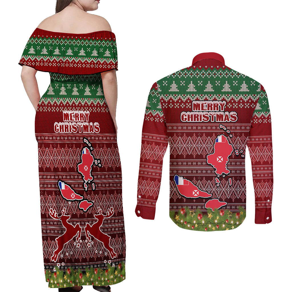 wallis-and-futuna-christmas-couples-matching-off-shoulder-maxi-dress-and-long-sleeve-button-shirts-coat-of-arms-and-map-beautiful-merry-xmas-snowflake