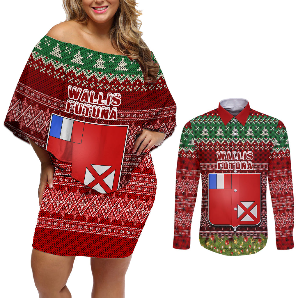 wallis-and-futuna-christmas-couples-matching-off-shoulder-short-dress-and-long-sleeve-button-shirts-coat-of-arms-and-map-beautiful-merry-xmas-snowflake